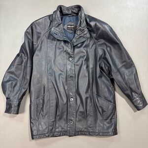 Vintage Pelle Leather Jacket Womens Genuine Leather Car Coat 90s Blue Medium